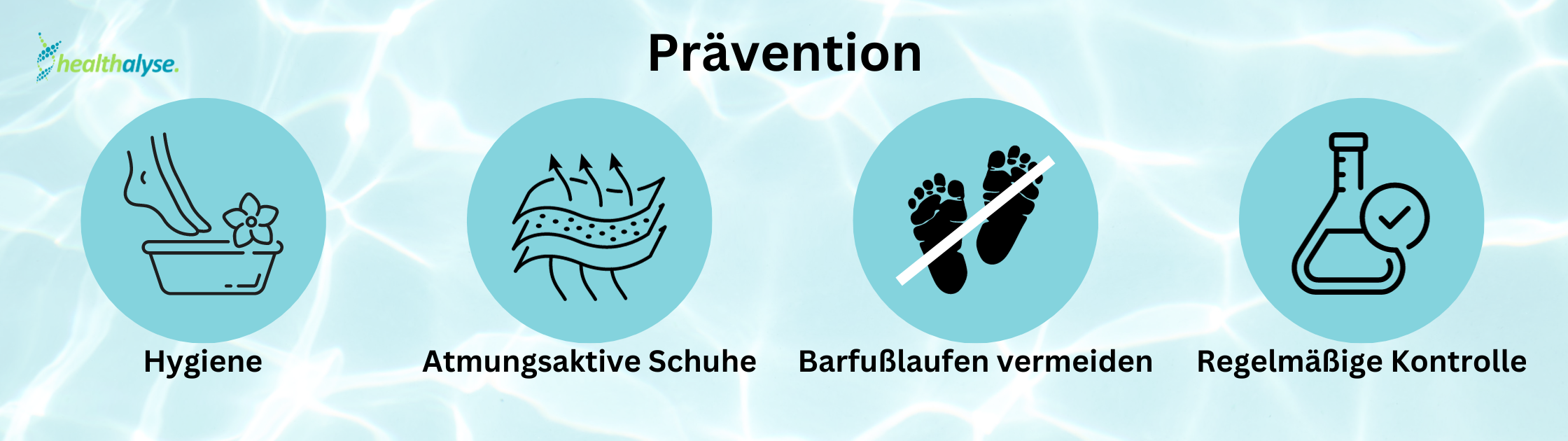 Hygiene, atmungsaktives Schuhwerk, Barfußlaufen vermeiden und regelmäßige Kontrolle als Prävention für Haut- und Fußpilz